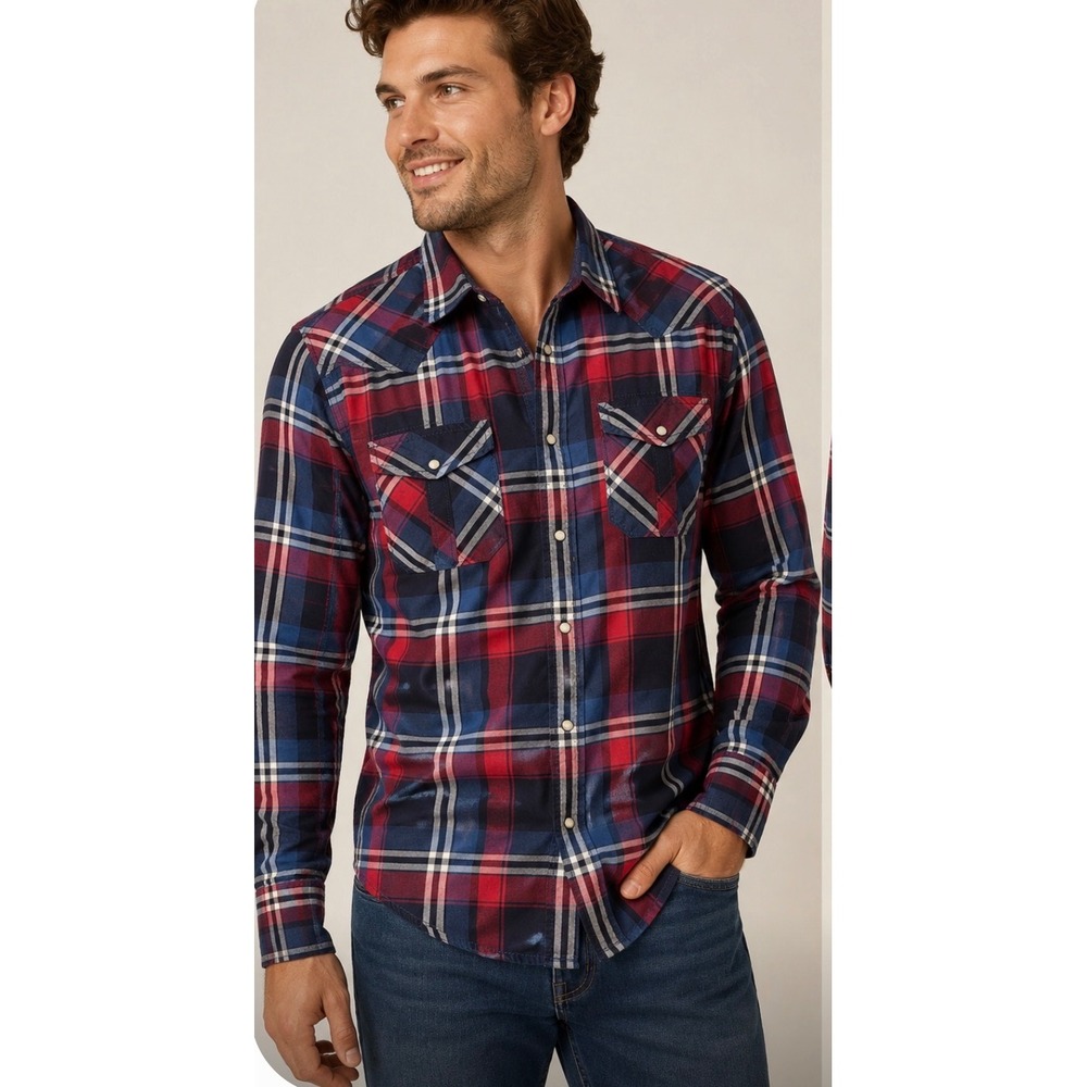 American Eagle Outfitters Mens Red Blue Plaid Pearl Snap Western Shirt Medium